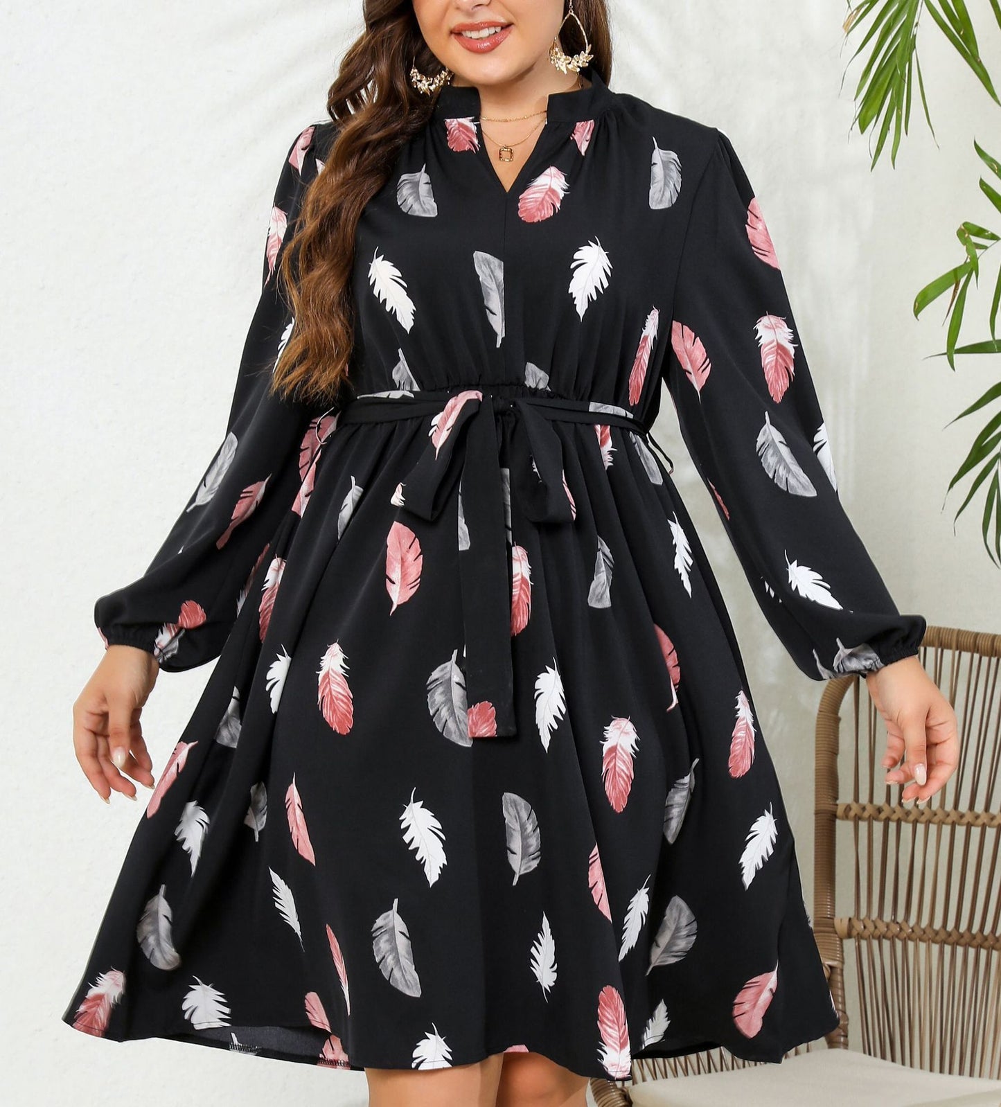 Printed Long Sleeve Waist-tight European And American Plus Size Dress