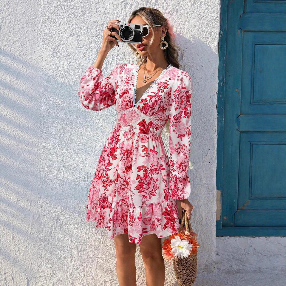 Lace V-neck Printed Leisure Vacation Long Sleeve Dress