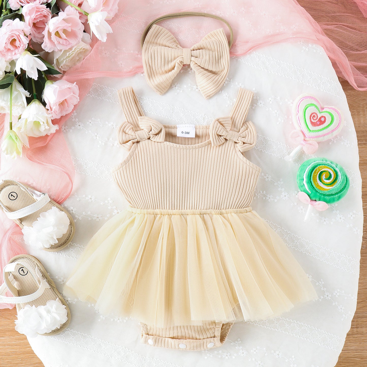 Infant Sleeveless Baby Girl Sunken Stripe Solid Color Gauze Skirt Triangle Rompers Bow Headband
