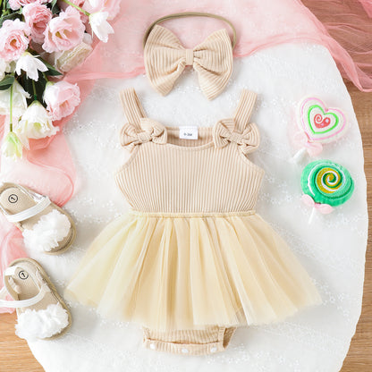 Infant Sleeveless Baby Girl Sunken Stripe Solid Color Gauze Skirt Triangle Rompers Bow Headband