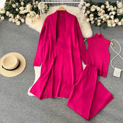 Autumn New Lazy And Loose Knitting Suit Women's Long Shawl Cardigan Turtleneck Sweater Wide Leg Pants Three-piece Set