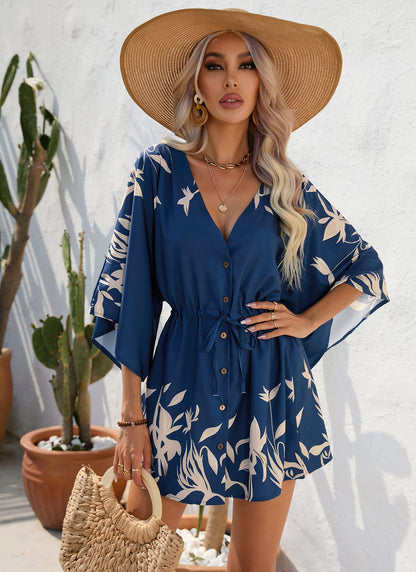 Women's Summer Leaf Print Half-length Sleeve Dress