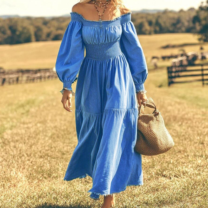 Long Sleeve High Waist Off-shoulder Denim Dress