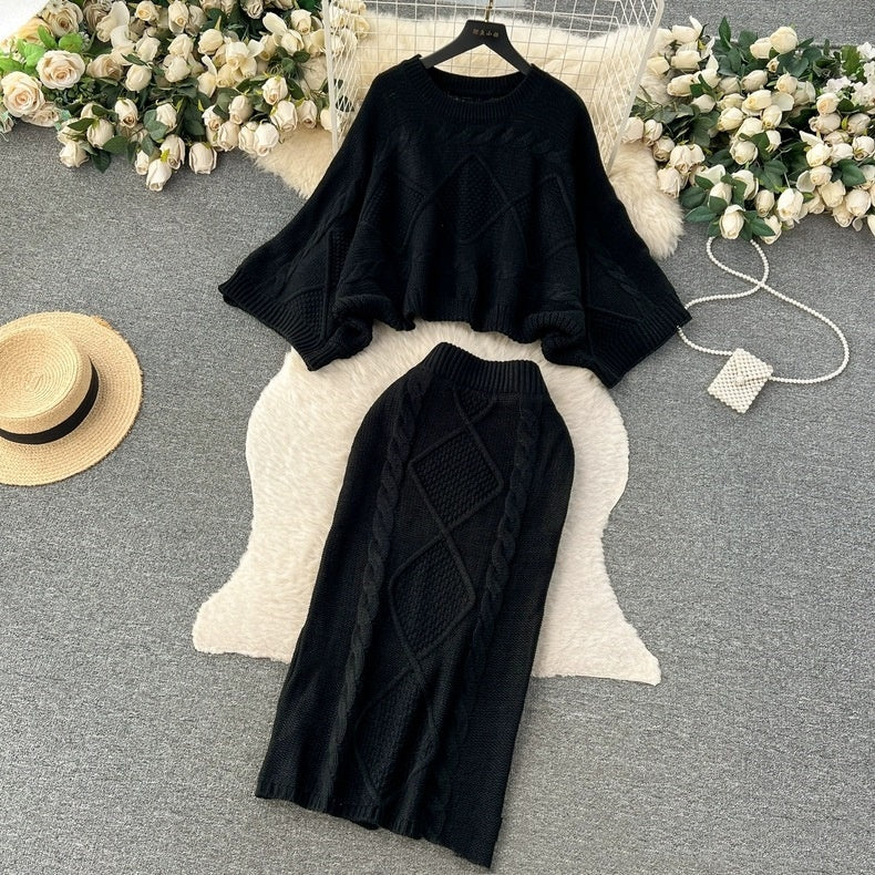 Loose Cable-knit Sweater Women's Cinched Bodycon Sheath Skirt Two-piece Dress Of Knitted Sweater