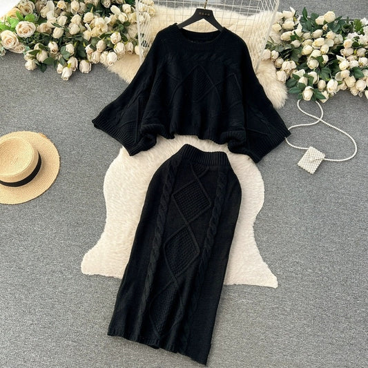 Loose Cable-knit Sweater Women's Cinched Bodycon Sheath Skirt Two-piece Dress Of Knitted Sweater