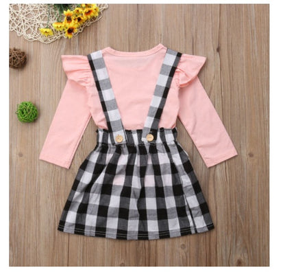 New European And American Foreign Trade Fashion Children's Clothing Long-sleeved Solid Color T-shirt  Strap Dress Two-piece