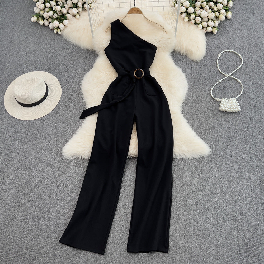 High Waist Slimming OL Temperament Straight Wide Leg Jumpsuit Summer