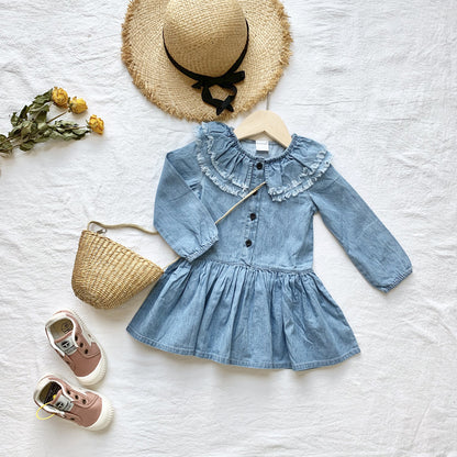 Girl's denim skirt with lotus collar