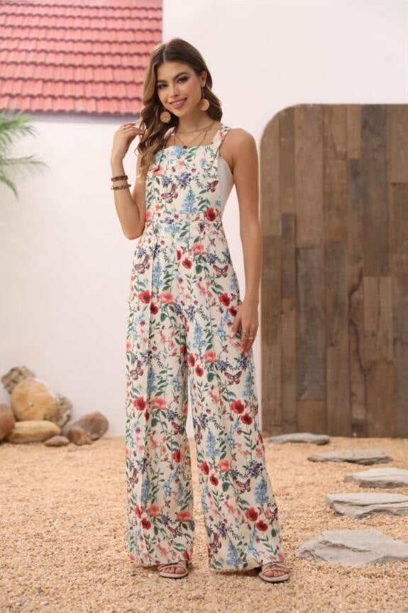 Cross-border Floral Print Button Wide Leg Jumpsuit Hot Sale In Stock