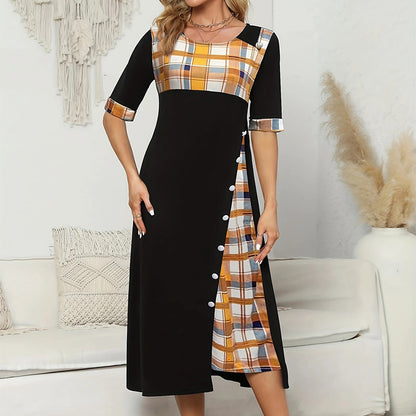 Round Neck Contrast Color Half Sleeve Irregular Long Dress