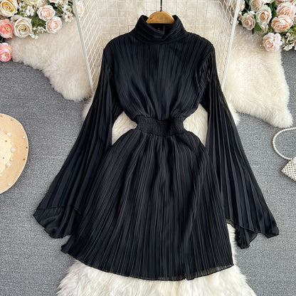 Horn Long Sleeves Stand Collar Waist A-line Chiffon Dress
