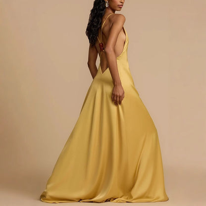 Women's Sexy Backless V-neck Satin Long Dress