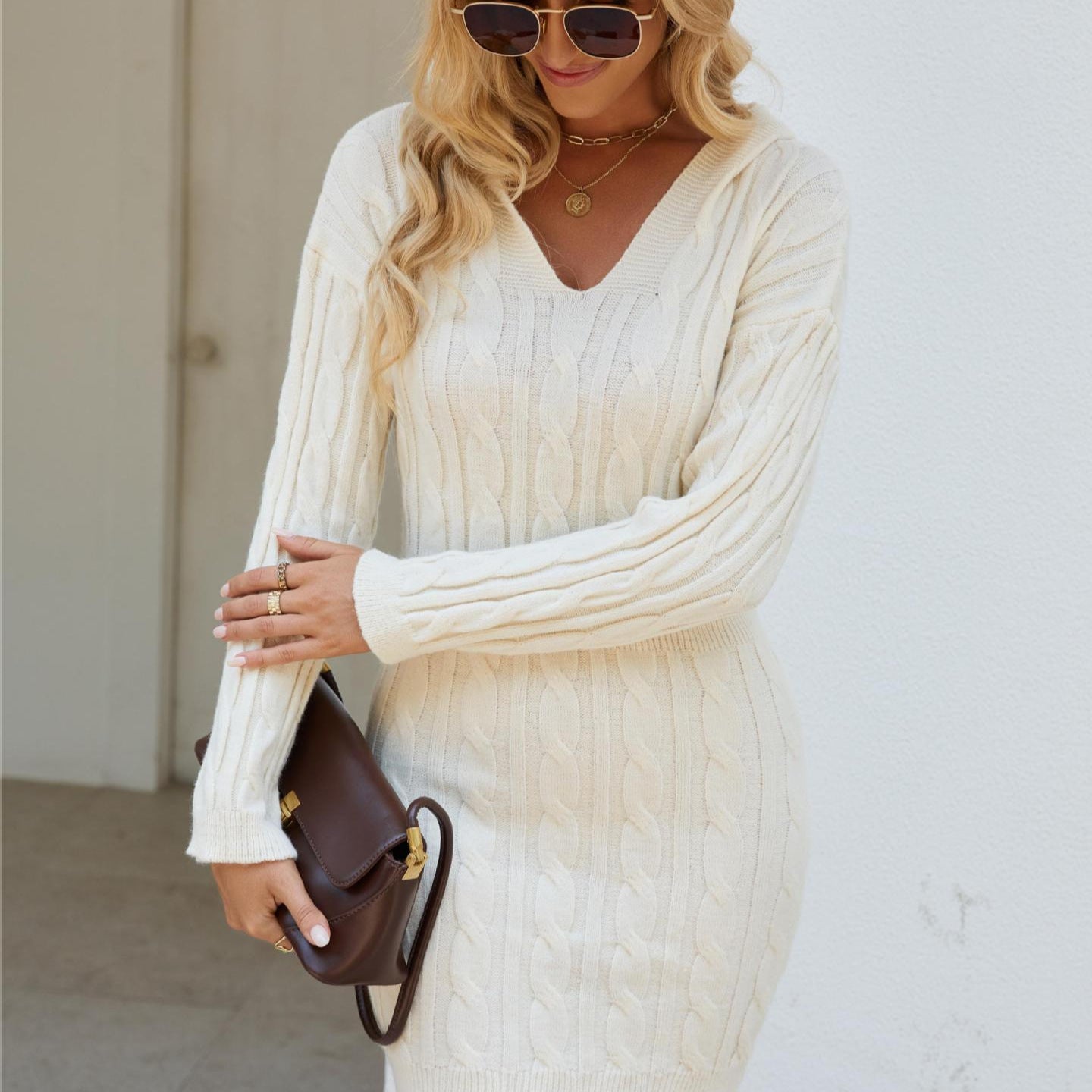 V-neck Twist Mid-length Long Sleeve Knitted Hooded Sheath Dress