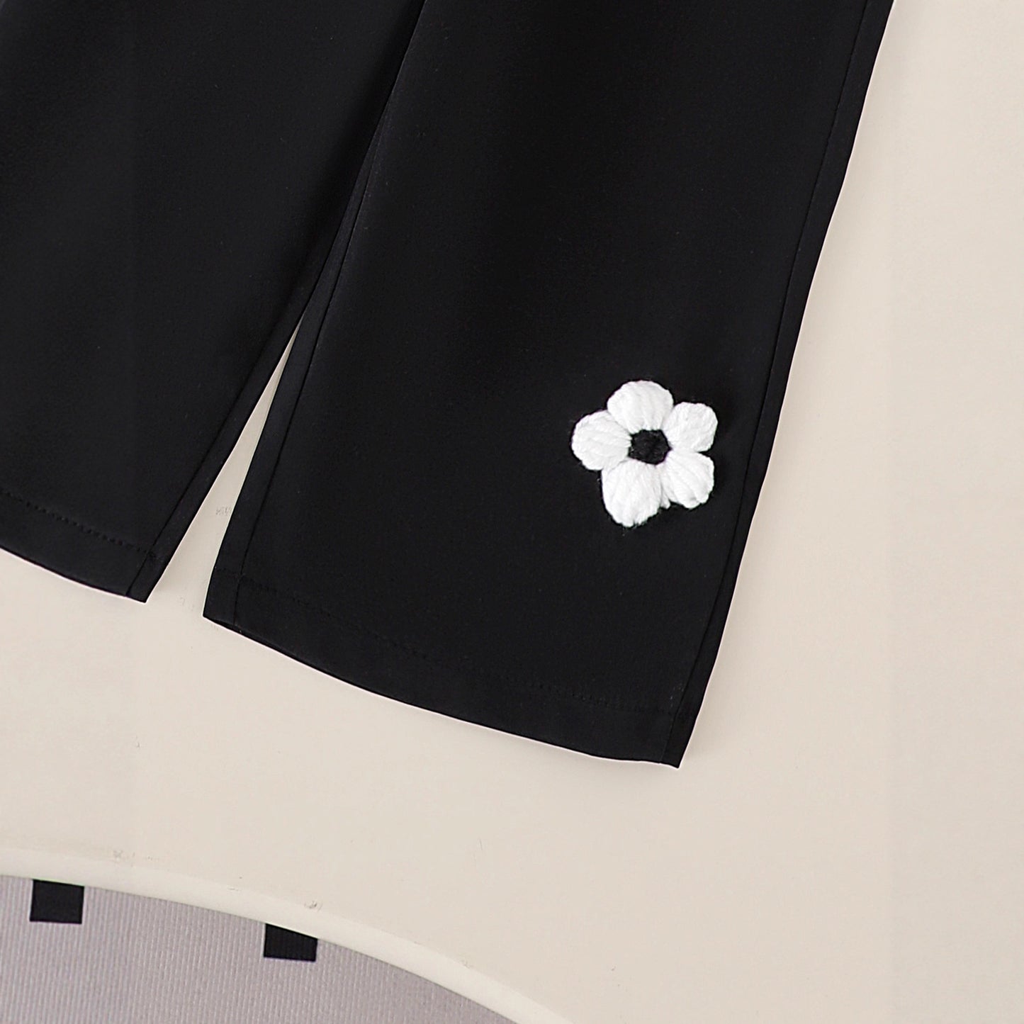 Wool Flower White Long Sleeves Top Black Trousers