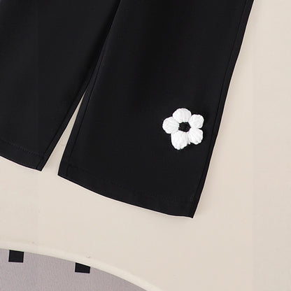 Wool Flower White Long Sleeves Top Black Trousers