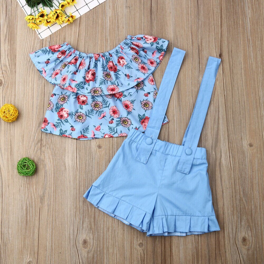 Girls SDuit Blue Floral Overalls + tube Top 2 Piece Set