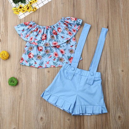 Girls SDuit Blue Floral Overalls + tube Top 2 Piece Set