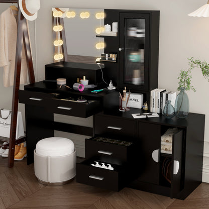 3-door, 4-drawer, Dressing Table, With Sockets, With Tri-tone Light Bulbs, With GRB Light Strip, Combination Cabinet