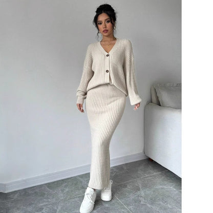 2-piece Set Women's Solid Color Casual Long Sleeves Sweater And Skirt
