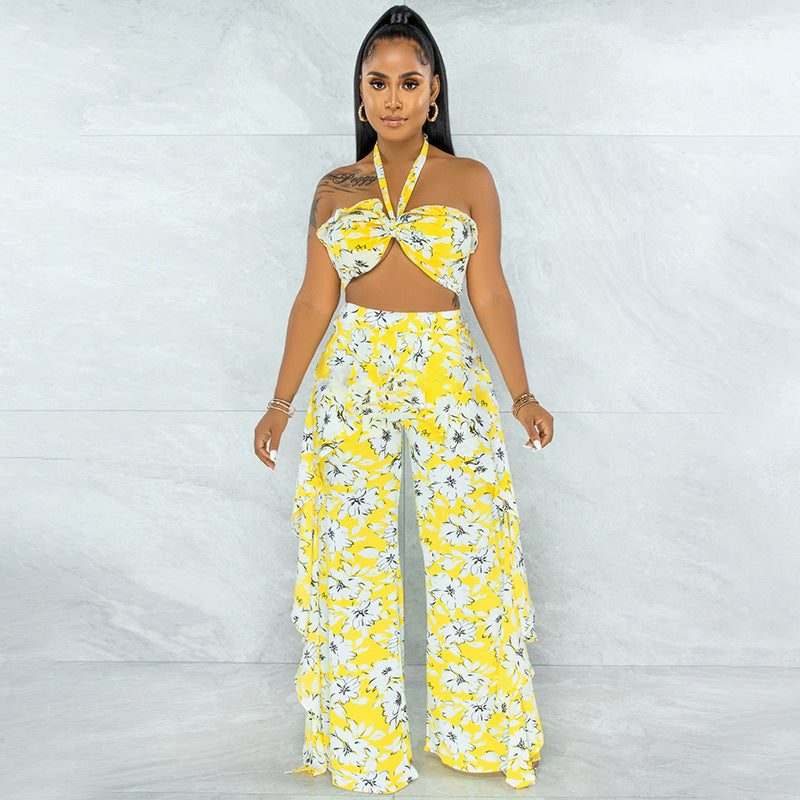 Women's Wide Leg Pants Suit With Printed Ruffled Bow