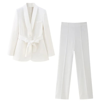 Women's French Style With Belt Dress Small Suit Jacket Casual Trousers