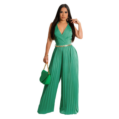 Cinched Pleated Loose Wide Leg Jumpsuit