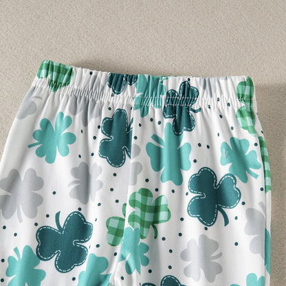 Four-Leaf Clover Printed Gray Long Sleeve Top White Trousers Two-piece Set