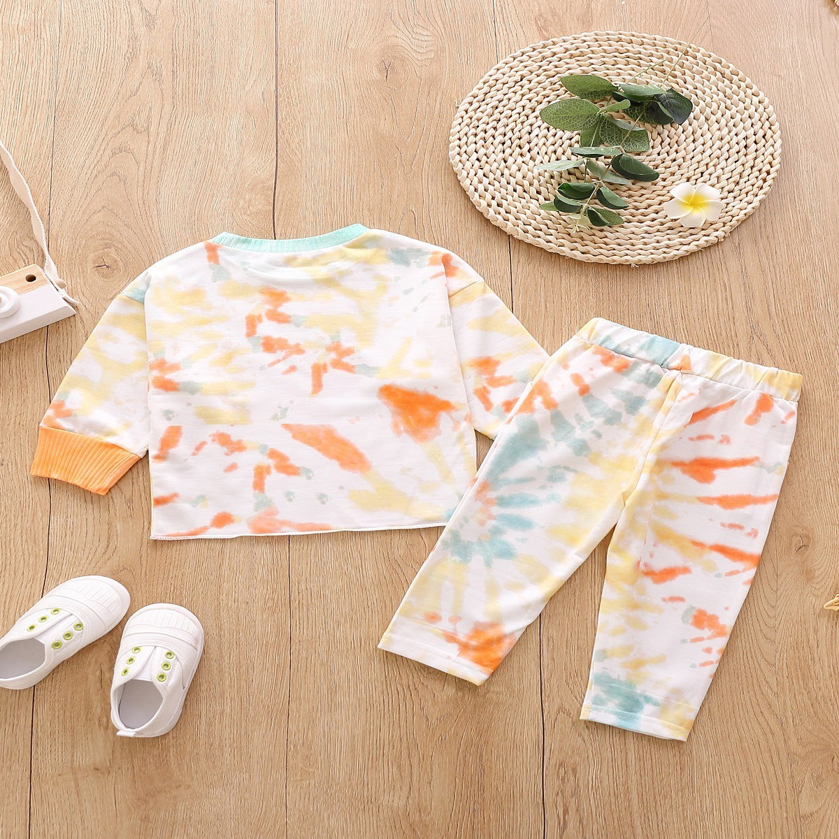 Round Neck Tie-dye Long-sleeved Sweater And Trousers Two-piece Suit