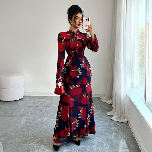 Elegant Style Printed Long-sleeved Dress For Women