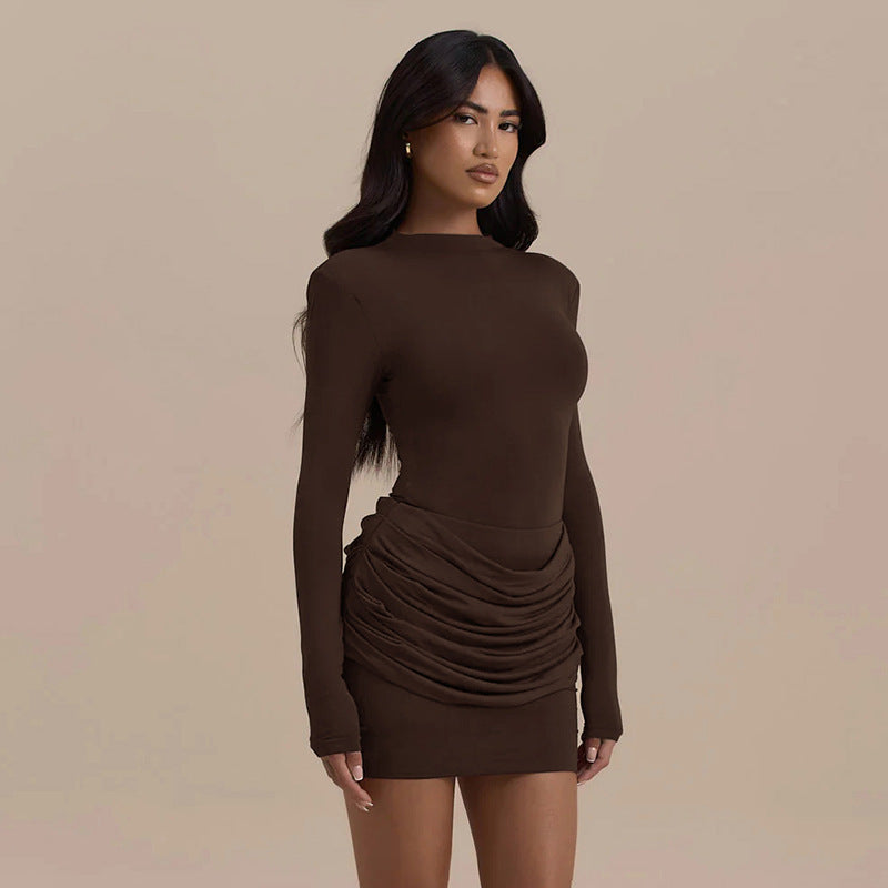 Pleated Half-turtleneck All-match Long-sleeved Dress