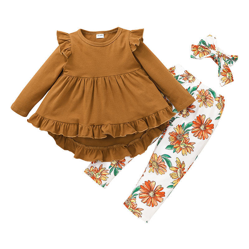 Girls' Lotus Leaf Lace Skirt And Trousers Suit