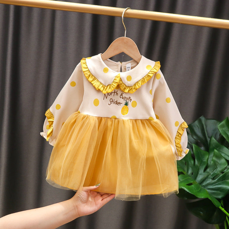 Girls' New Mesh Cotton Long Sleeved Dress