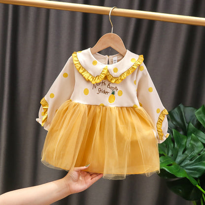 Girls' New Mesh Cotton Long Sleeved Dress