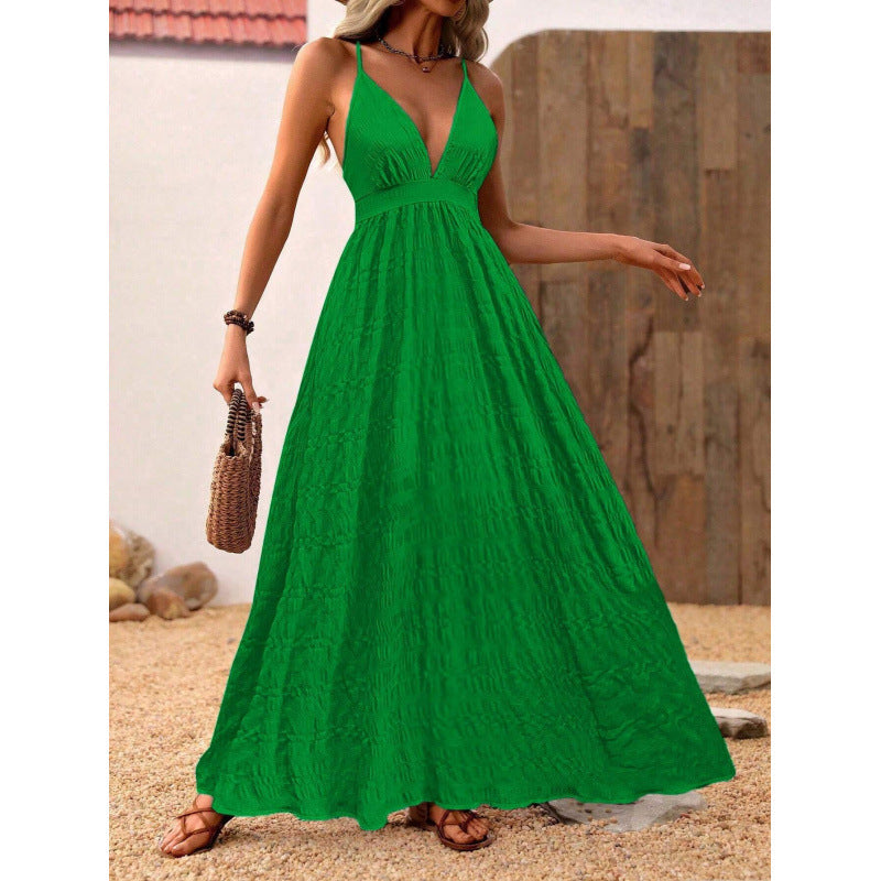 Vacation Style Solid Color Deep V-neck Spaghetti Strap Dress