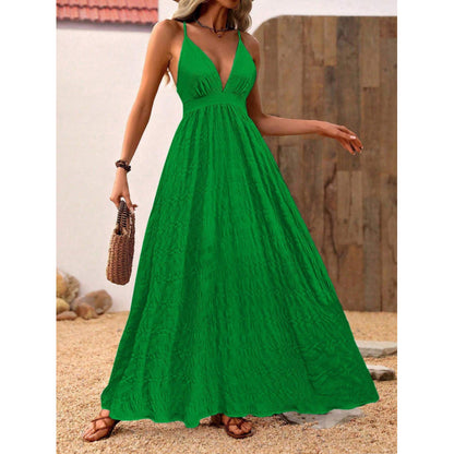 Vacation Style Solid Color Deep V-neck Spaghetti Strap Dress