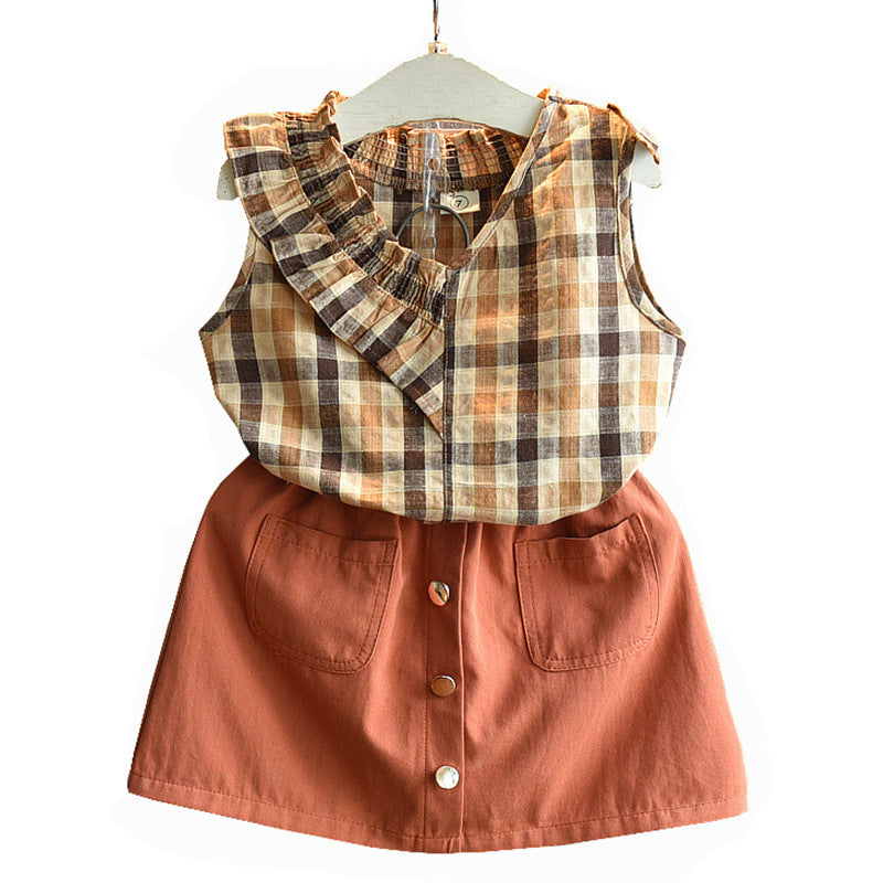 Two-piece plaid sleeveless brown skirt