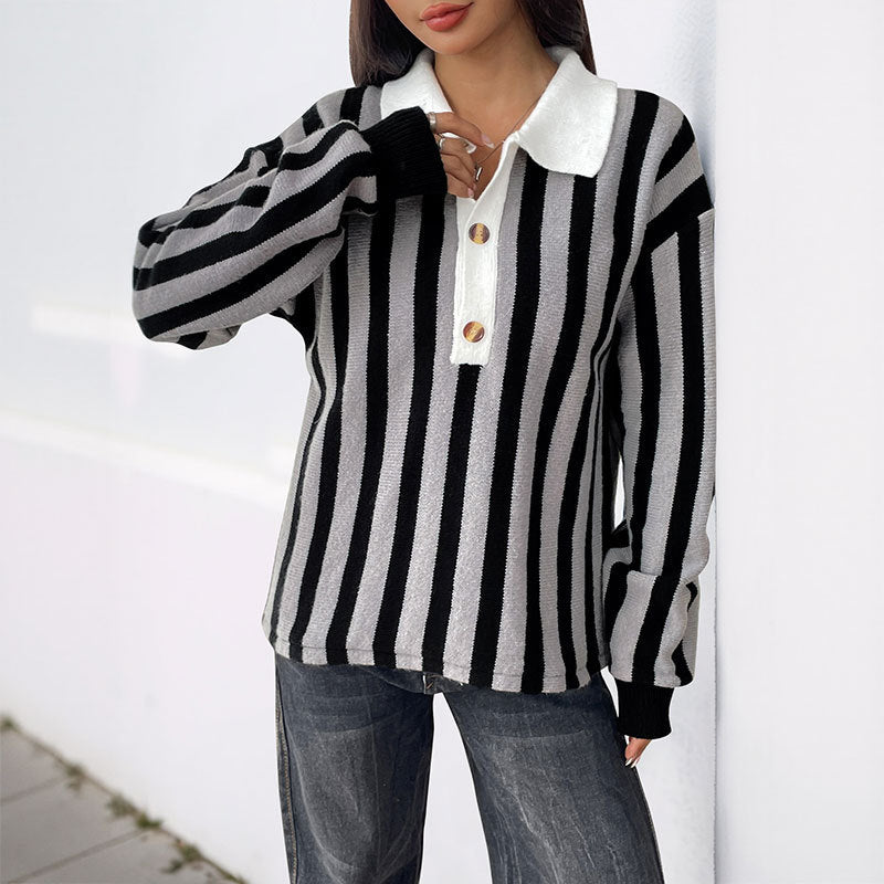 Autumn And Winter Unisex Style Vertical Stripes Lapel Knitted Pullover Sweater Women