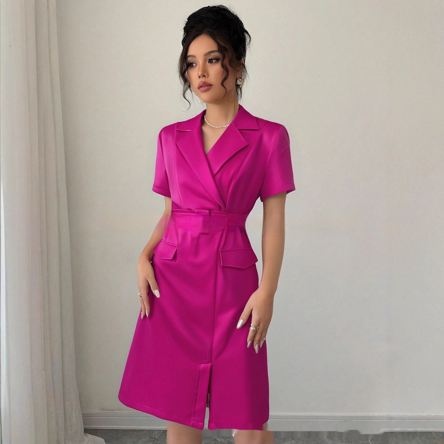 Summer Solid Color Elegant Short Sleeve Shirt Dress