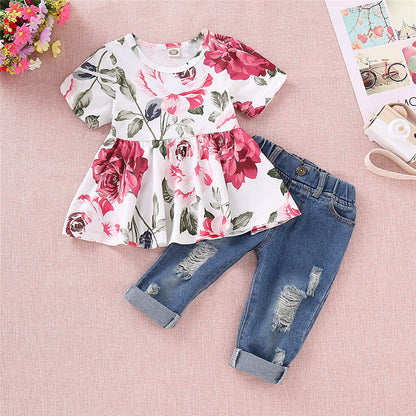 Children's rose top  denim suit