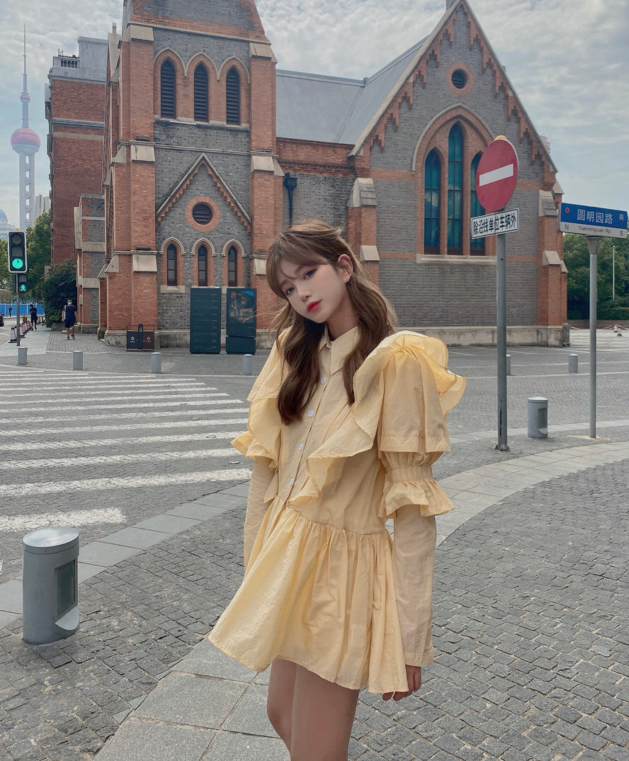 Yellow puff sleeve shirt waist dress