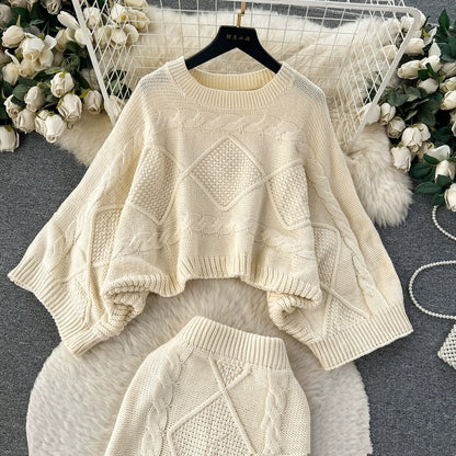 Loose Cable-knit Sweater Women's Cinched Bodycon Sheath Skirt Two-piece Dress Of Knitted Sweater