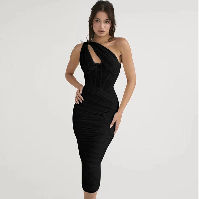 Solid Color Pleated Shoulder Fishbone Hollow Dress