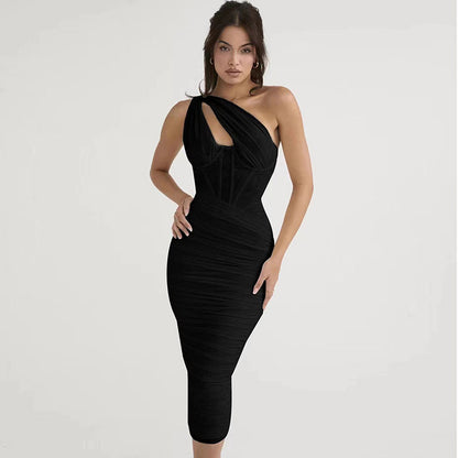 Solid Color Pleated Shoulder Fishbone Hollow Dress