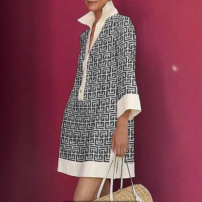 Autumn Half-sleeve Printed Loose And Elegant Shirt Dress