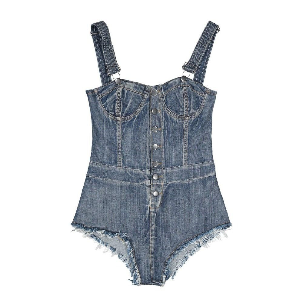 Strappy Square Neck Denim Shorts Bodysuit