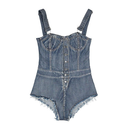 Strappy Square Neck Denim Shorts Bodysuit
