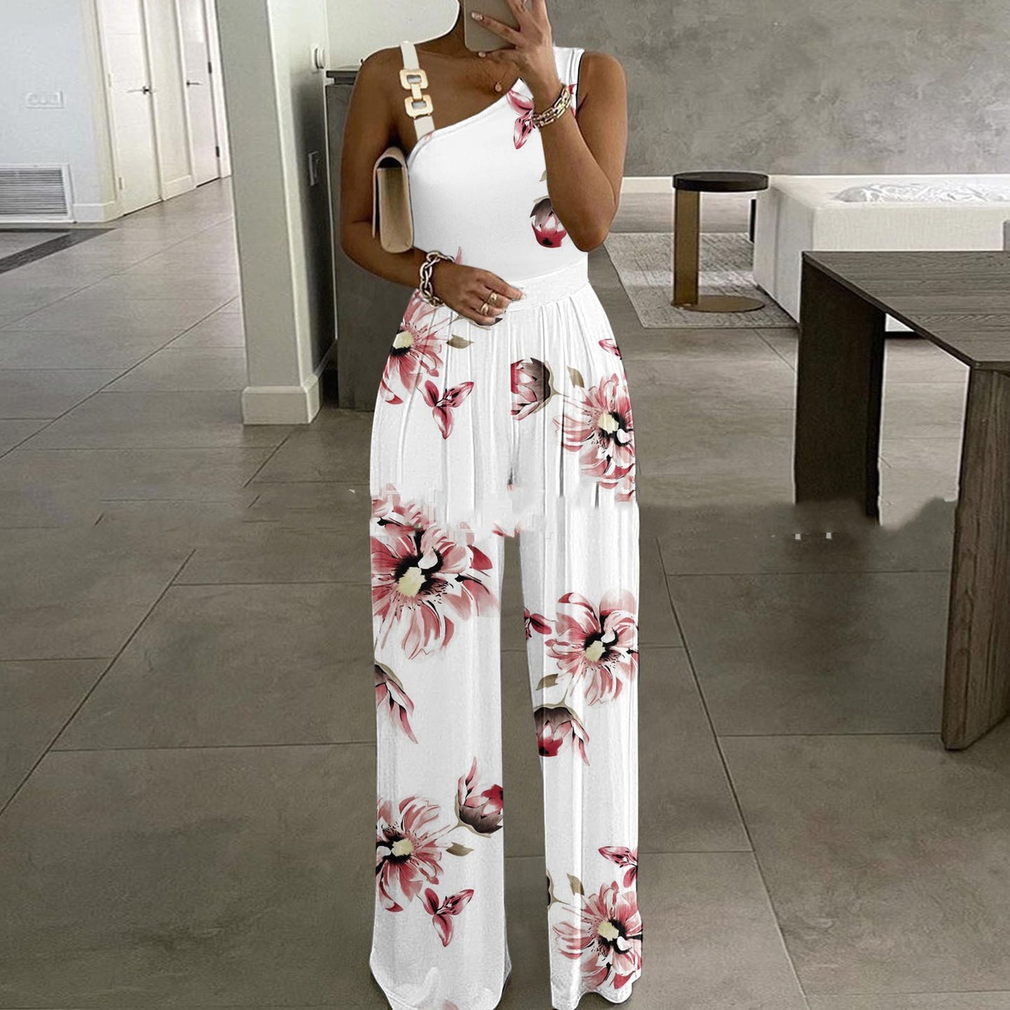 Women's Metal Buckle Vest Top High Waist Wide Leg Jumpsuit