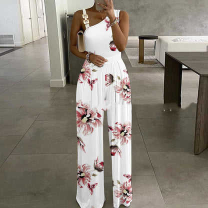 Women's Metal Buckle Vest Top High Waist Wide Leg Jumpsuit