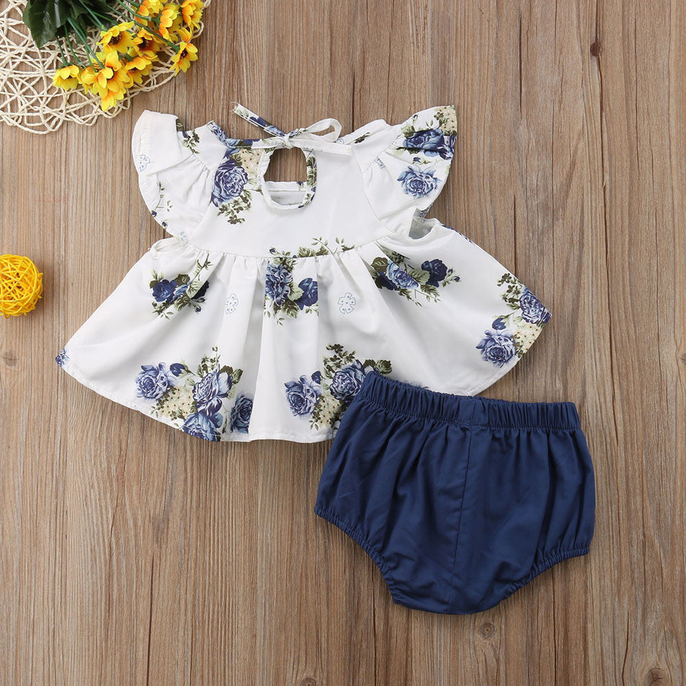 Two-piece Girl's Floral Print Shirt And Shorts