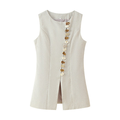 Round Neck Multi-breasted Vest Top Pocket Decoration High Waist Skirt